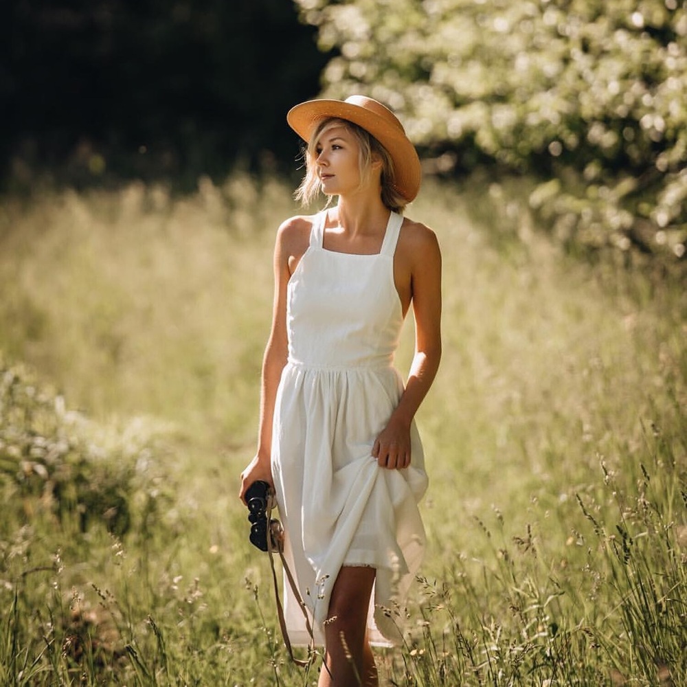 ARITZIA | (NWT) WILFRED βHYMNEβ DRESS SUMMER LINEN CRISS-CROSS STRAP MILK MAID - Picture 10 of 10